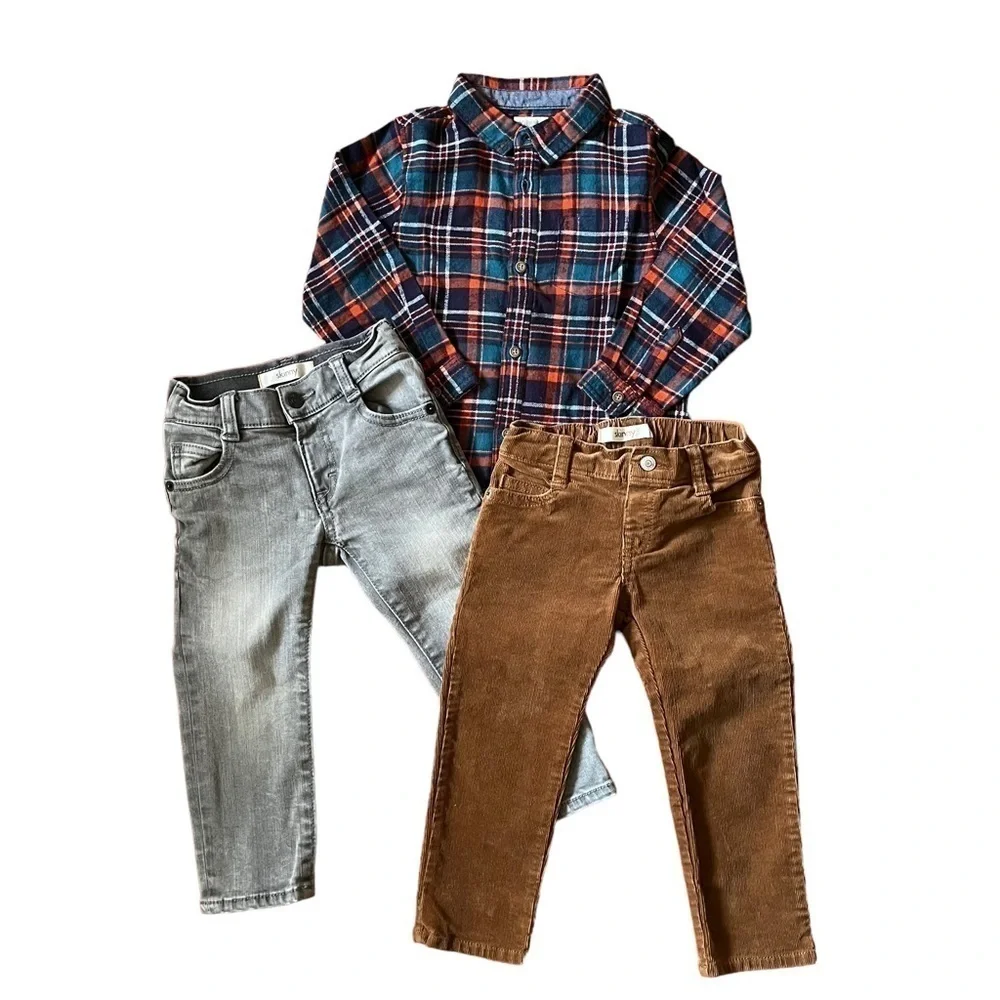 Gymboree bundle of skinny jeans, skinny corduroys, and button down plaid shirt